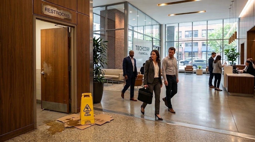corporate lobby with an open dirty restroom door