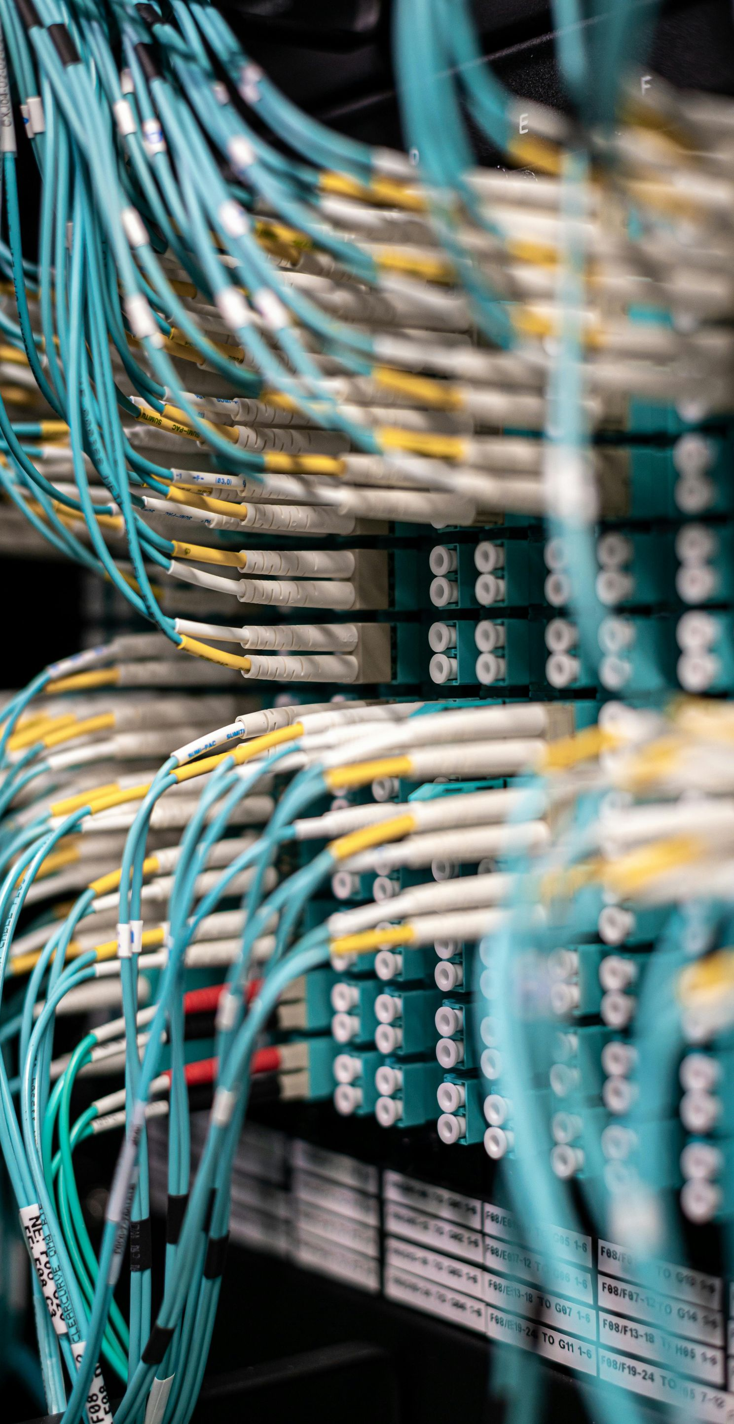 A high-density network server rack filled with connected blue fiber optic cables.