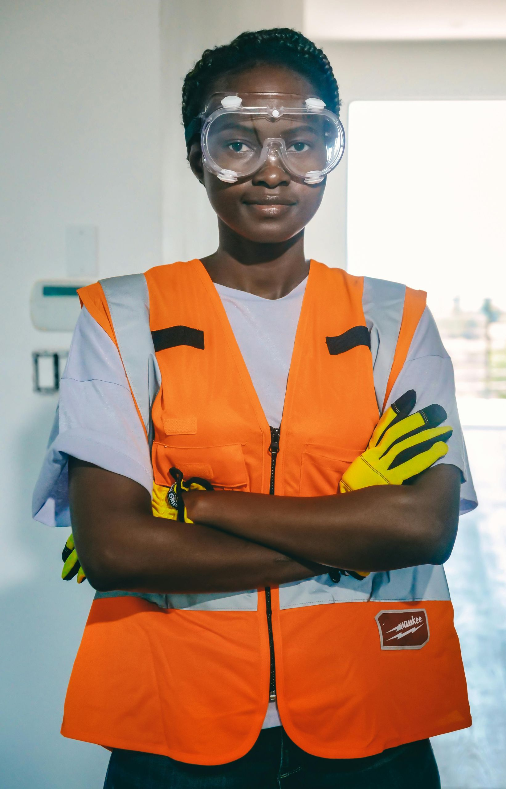 Woman wearing safety glasses, orange vest, and gloves, arms crossed, standing in a doorway.