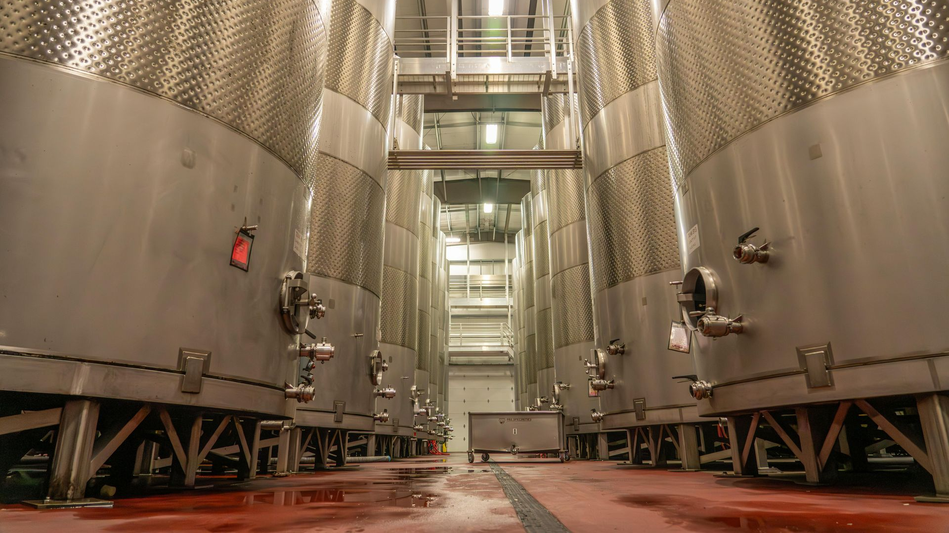 Large, cylindrical stainless steel wine tanks stand in rows in an industrial facility with a red-stained concrete floor.