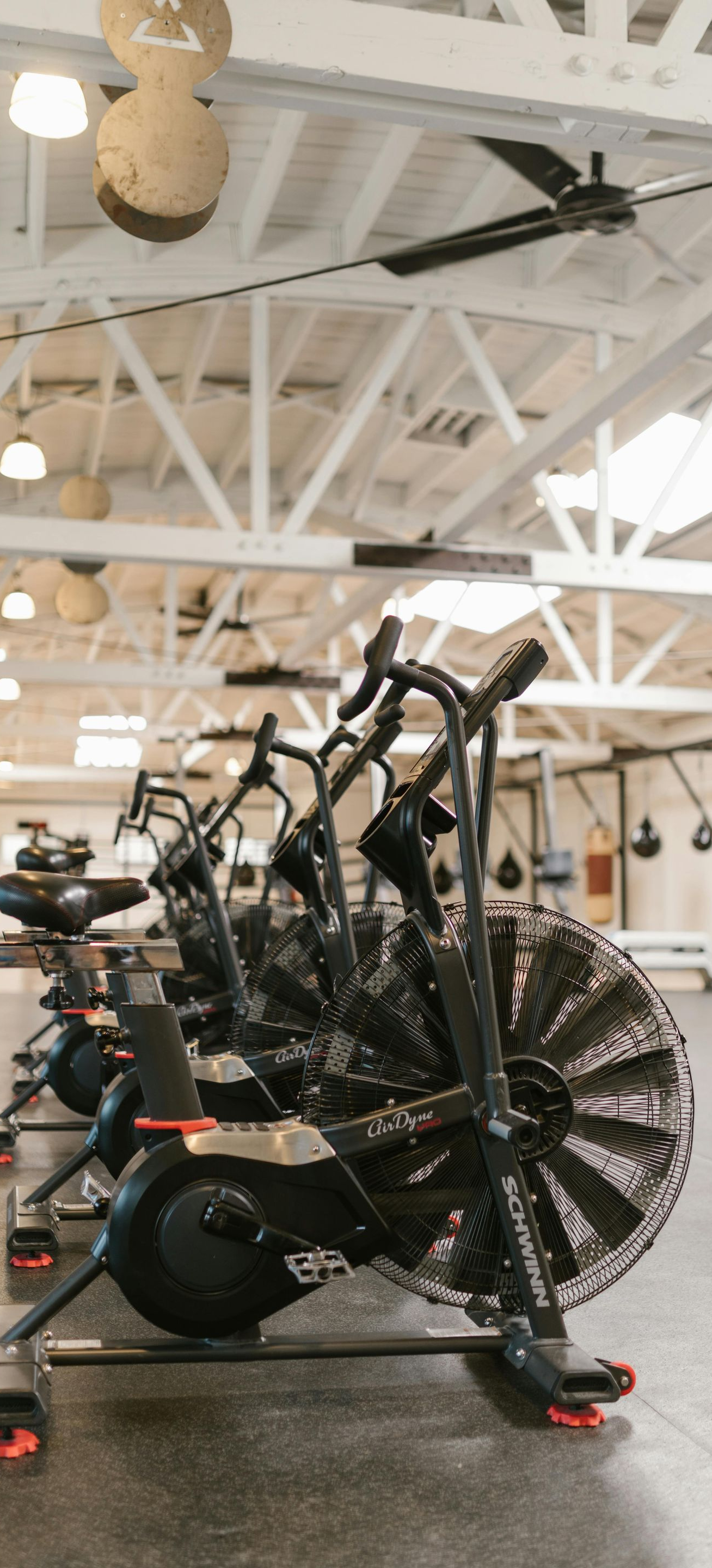 A row of black air bikes in an open-plan gym with a high white ceiling, fans, and hanging lights.