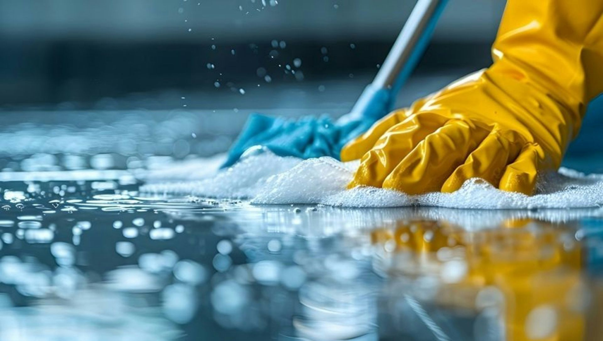 Yellow-gloved hand wiping wet car surface with a white cloth, cleaning water droplets.