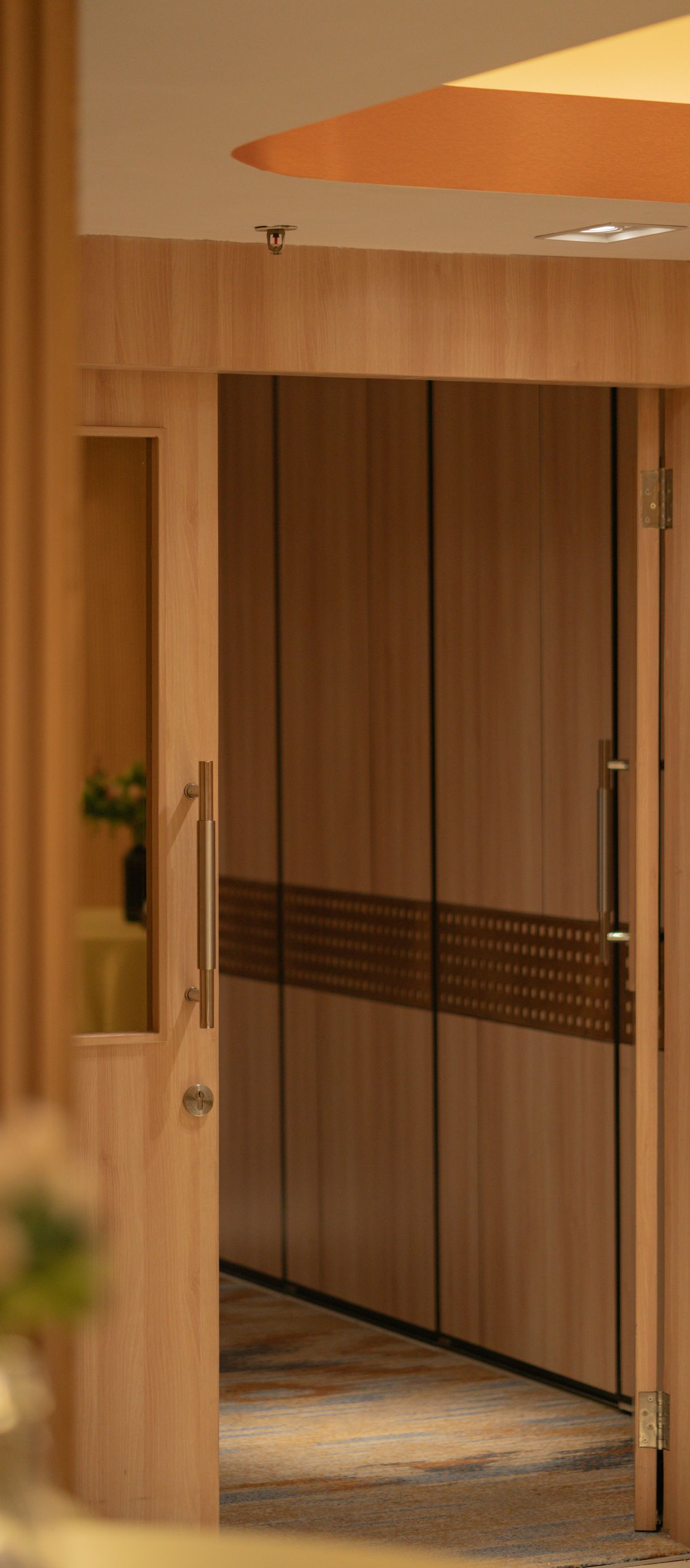 A view through an open wooden door into a room with light-toned wooden walls, a patterned floor, and interior lighting.