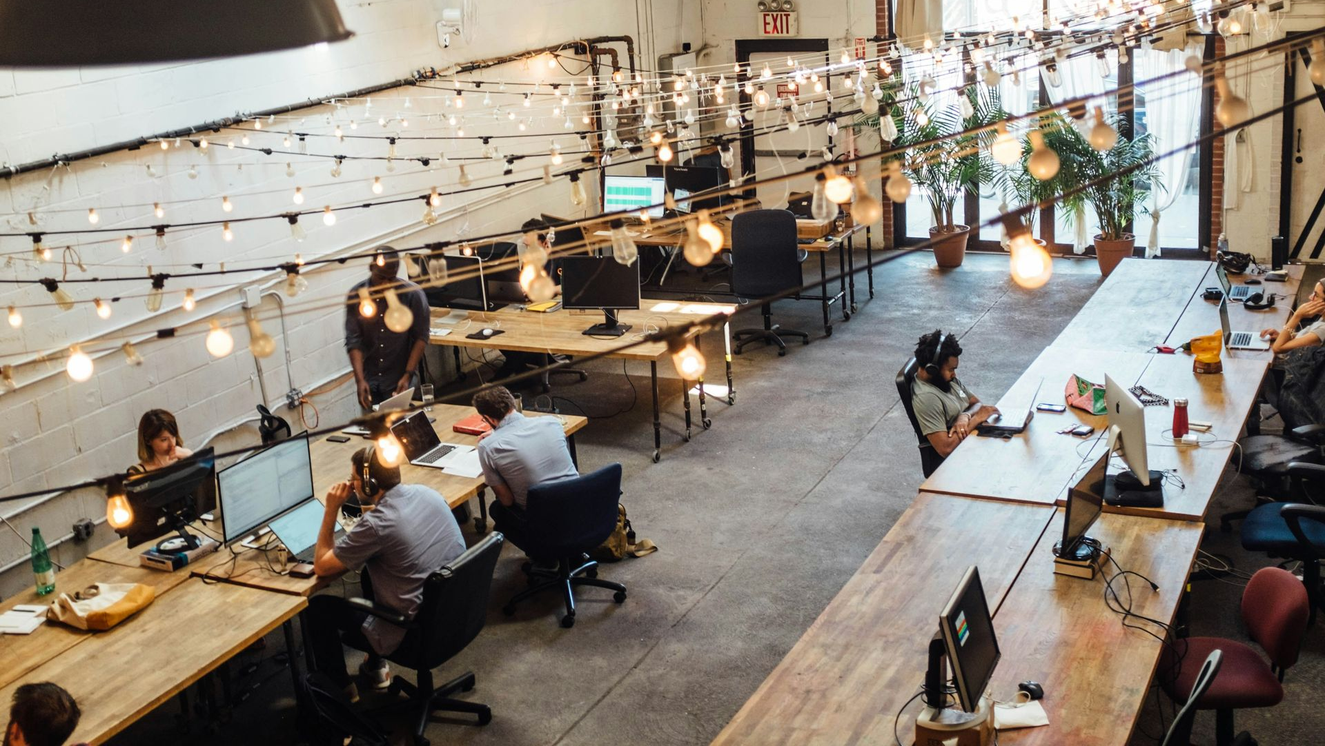 Open-plan office with desks, string lights, and people working in a modern workspace
