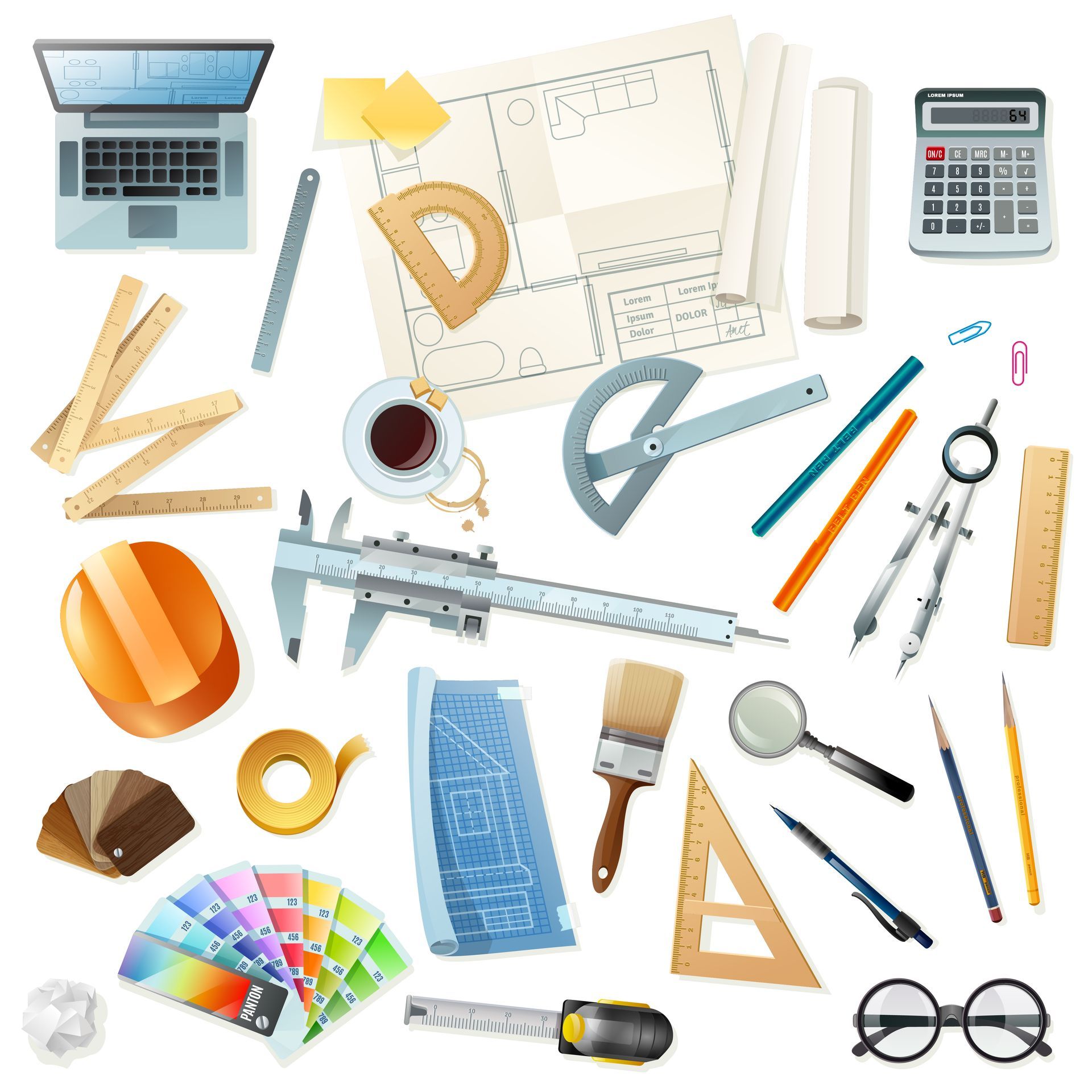 Assortment of architect and designer tools including a laptop, blueprints, ruler, and paint swatches.