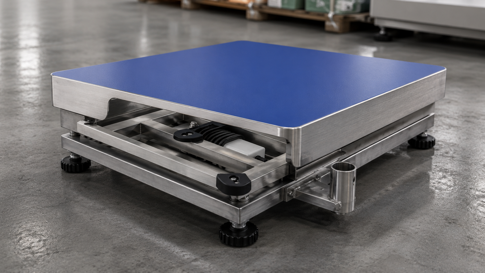 Plataforma monocelda industrial en acero inoxidable con celda de carga protegida, diseñada para pesaje en bodegas, envasado e inventario.