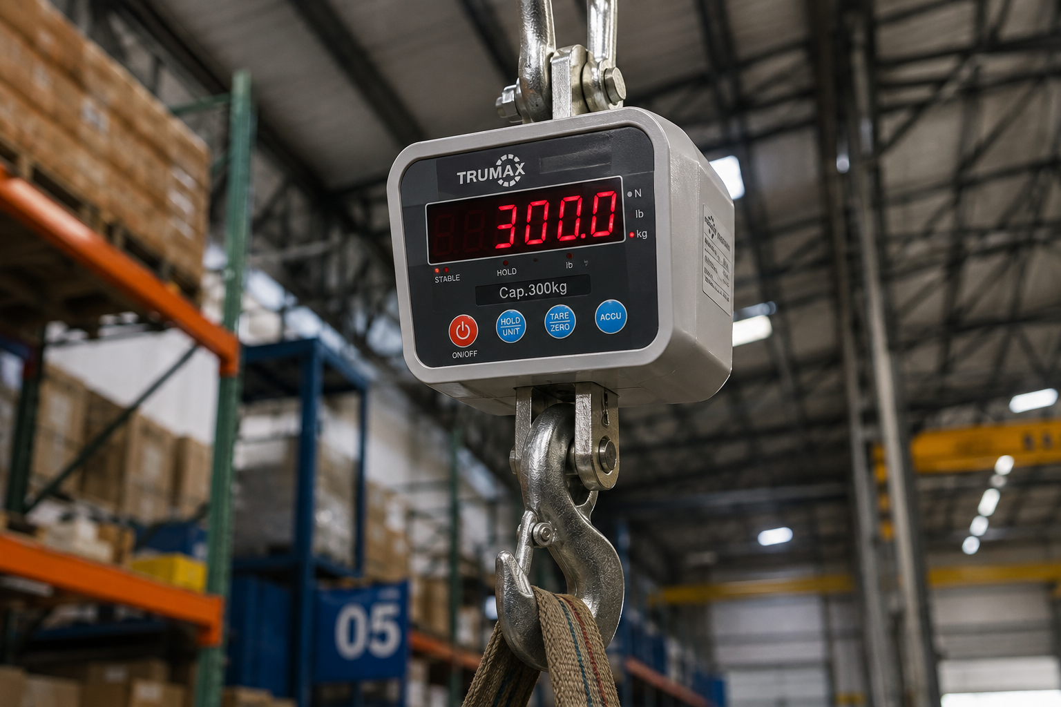 Dinamómetro digital tipo gancho midiendo una carga suspendida en una bodega industrial.