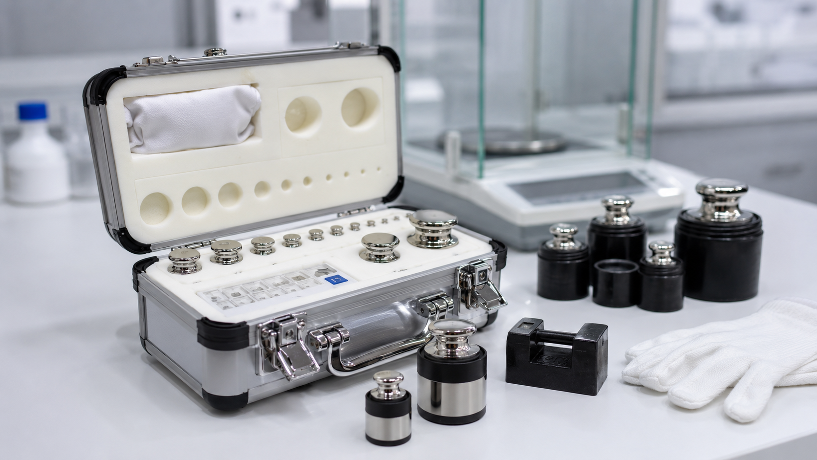 Kit de pesas patrón certificadas en laboratorio de calibración con balanza de precisión