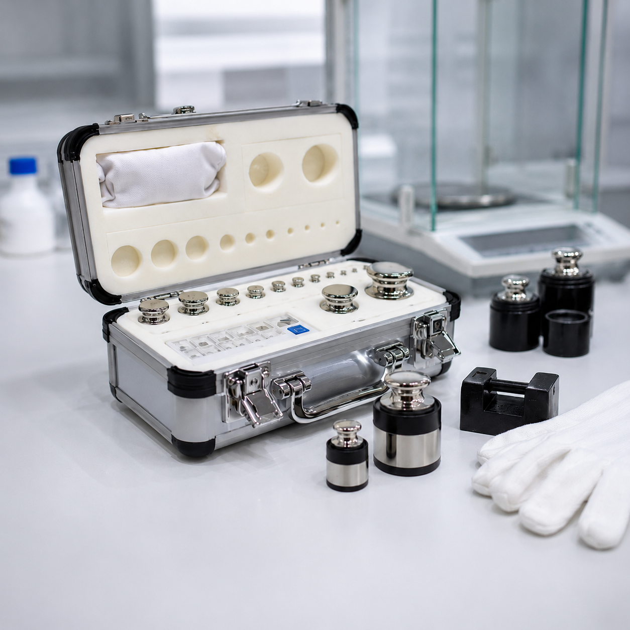 Pesas patrón certificadas en estuche con guantes para calibración de balanzas