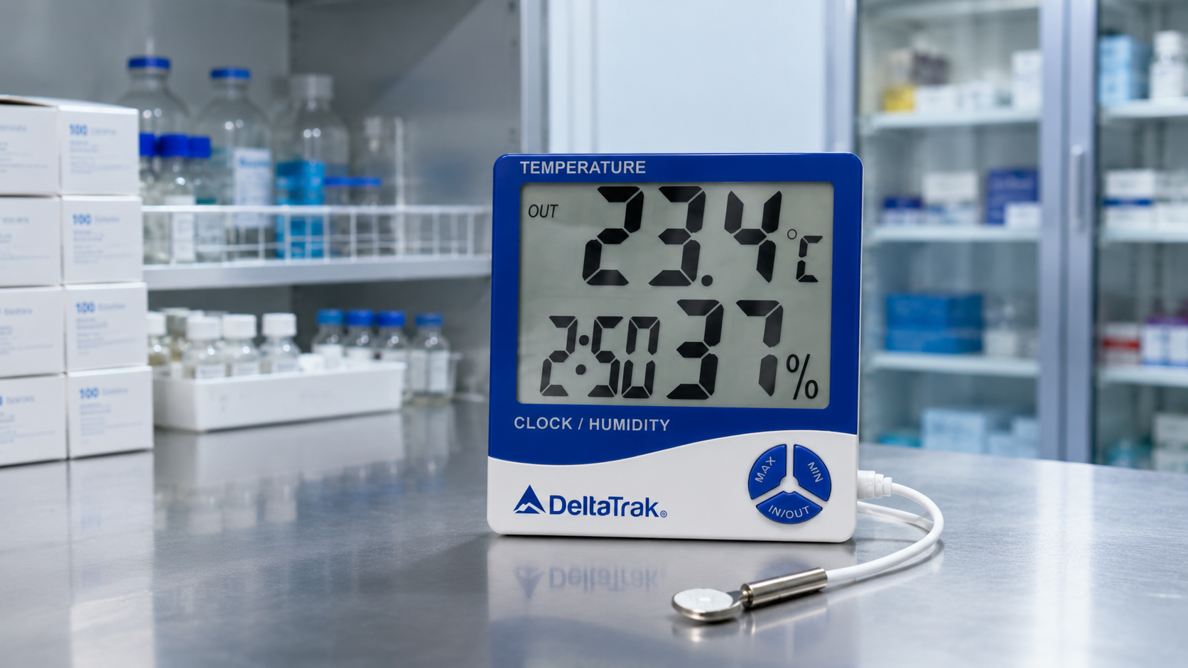 Termohigrómetro digital en laboratorio para medir temperatura y humedad ambiental