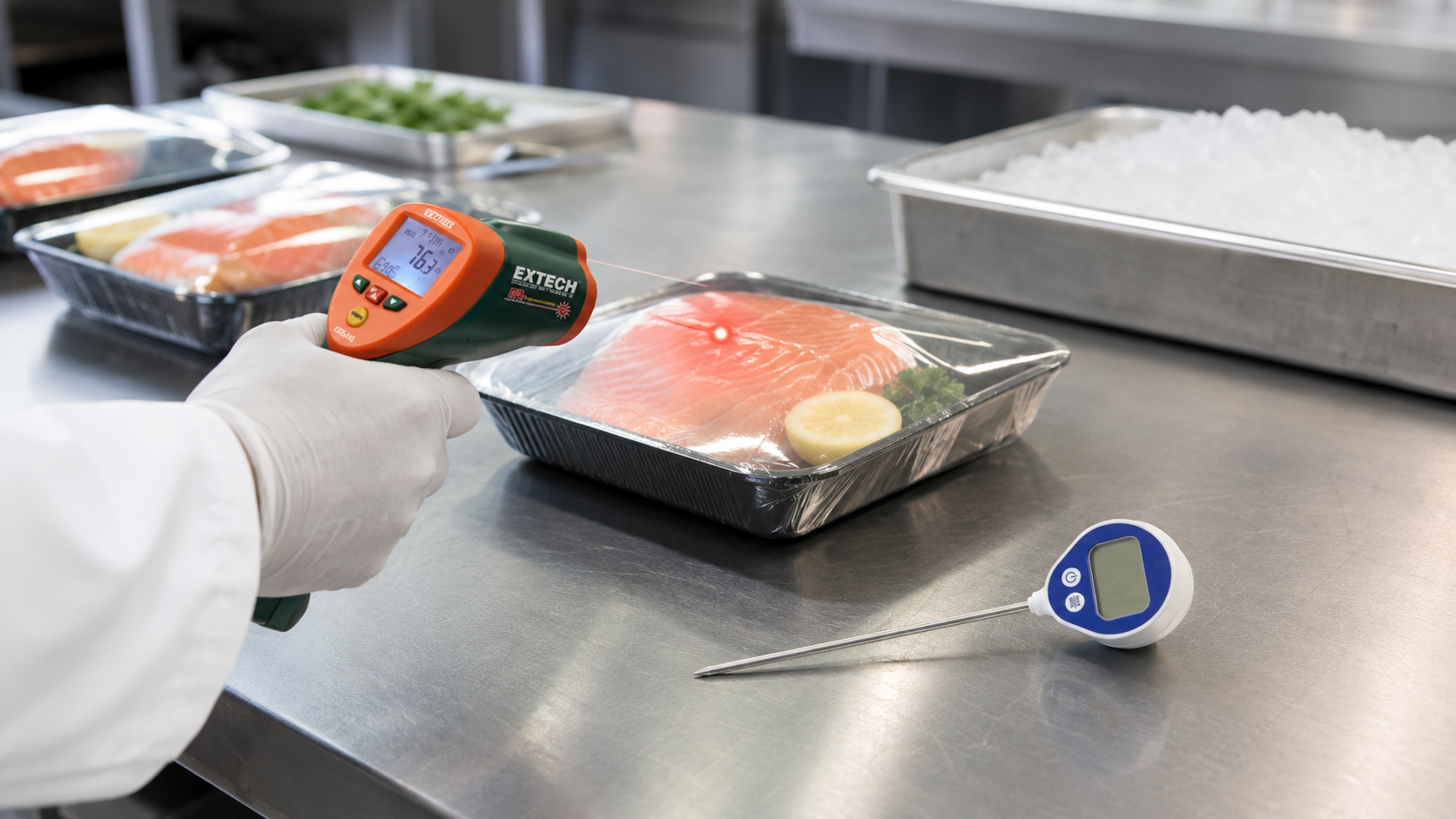 Termómetro láser midiendo la temperatura superficial de alimentos empacados en cocina profesional.