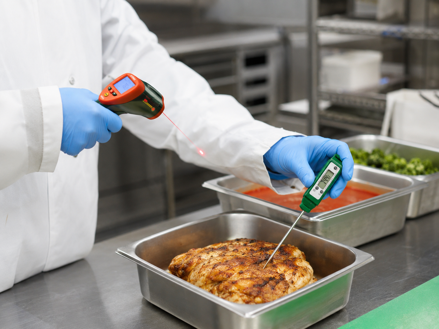 Control de temperatura en alimentos con termómetro láser y termómetro de punzón en cocina industrial