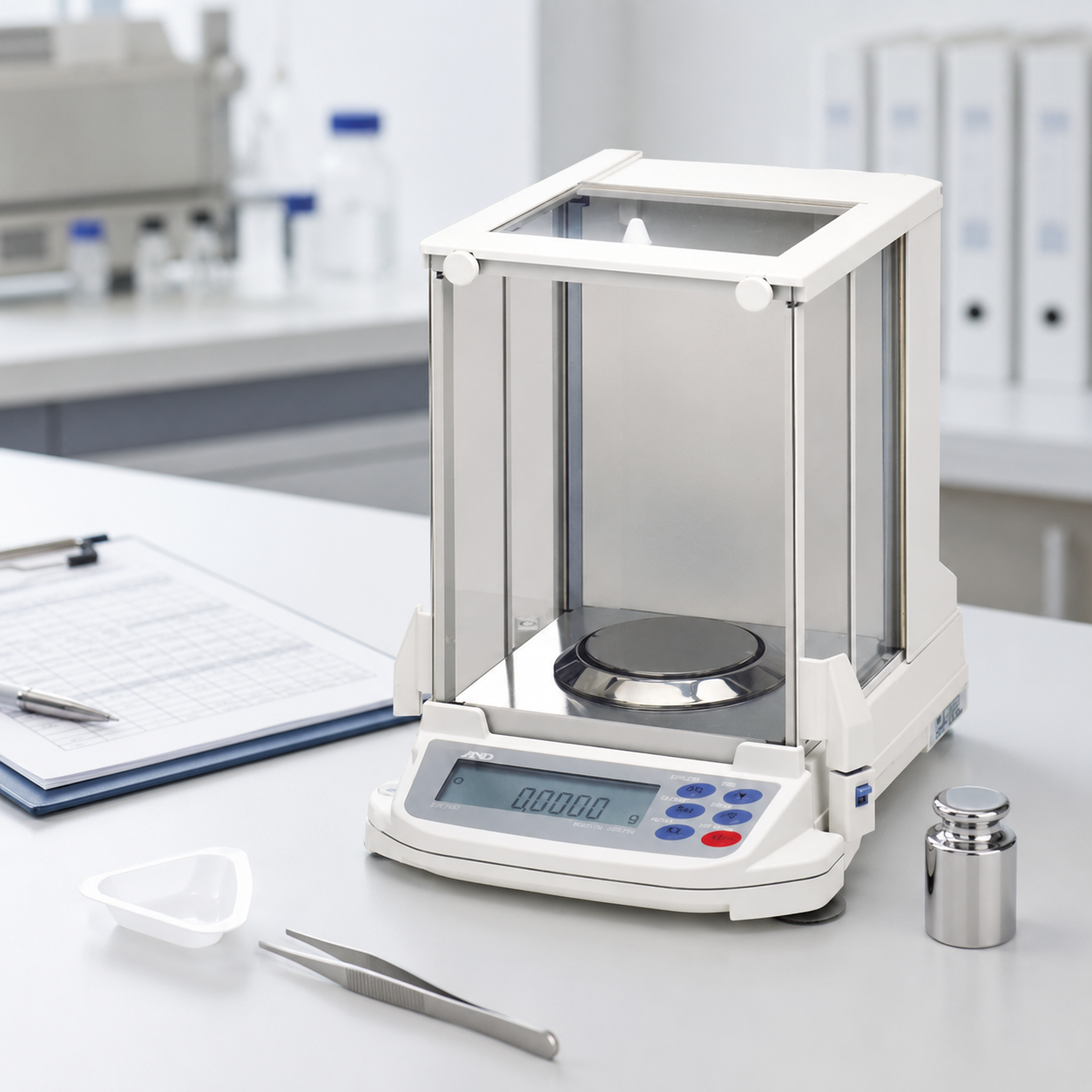 Balanza analítica de alta precisión en laboratorio de control de calidad con estándares GLP y GMP