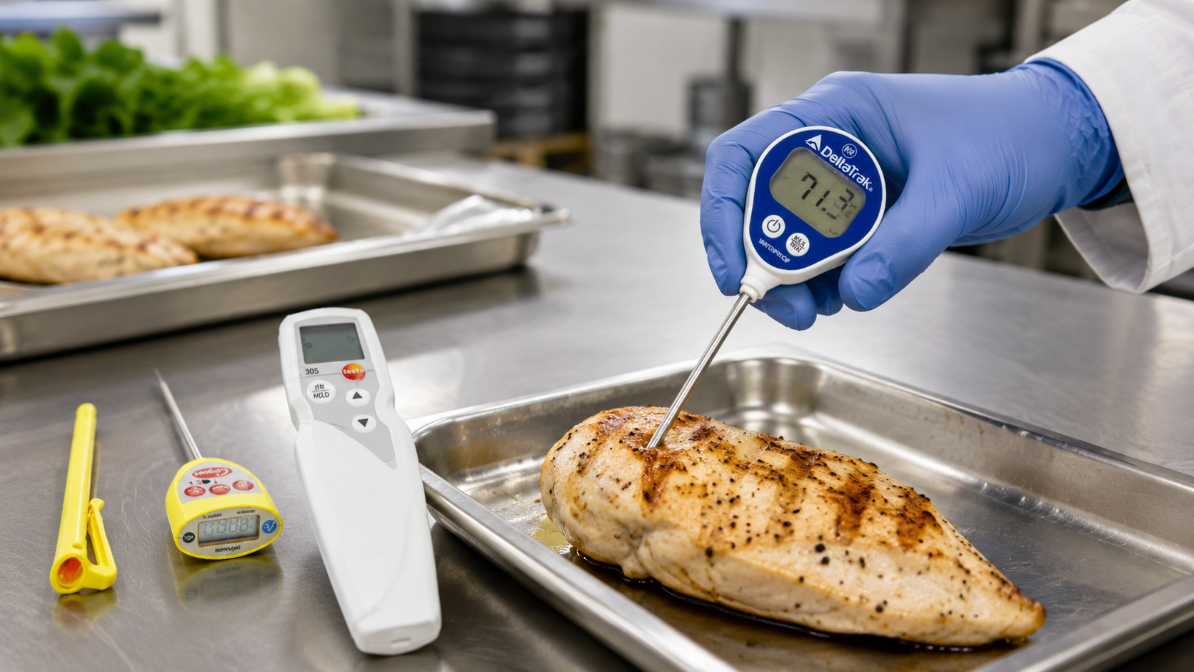 Termómetro de punzón midiendo temperatura interna de alimento en cocina profesional HACCP