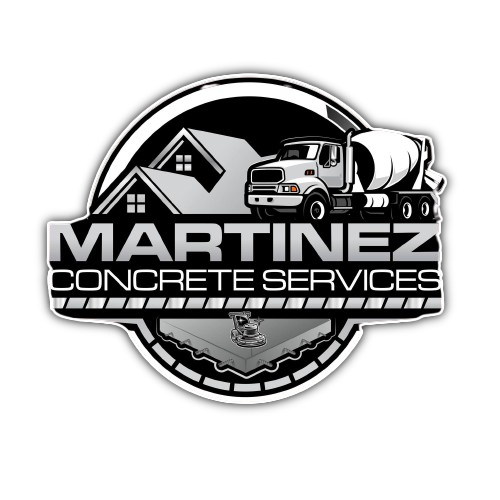 Martinez Concrete Services logo with cement truck and house icons in black, white, and gray