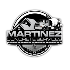 Martinez Concrete Services logo with cement truck and house icons in black, white, and gray