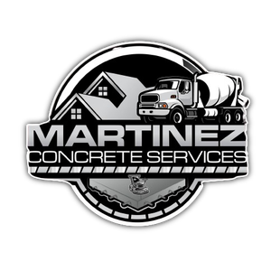 Martinez Concrete Services logo with cement truck and house icons in black, white, and gray