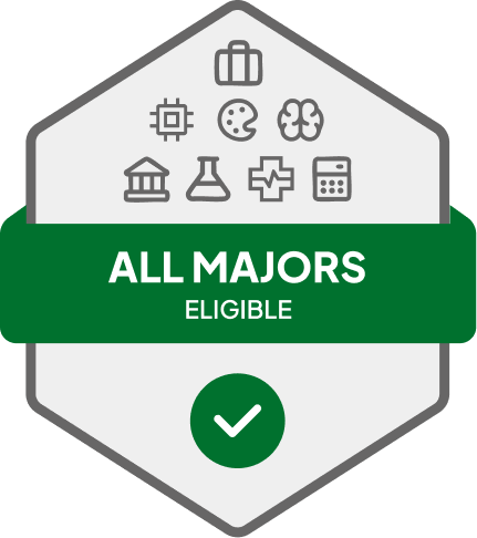 Badge with blue banner: 