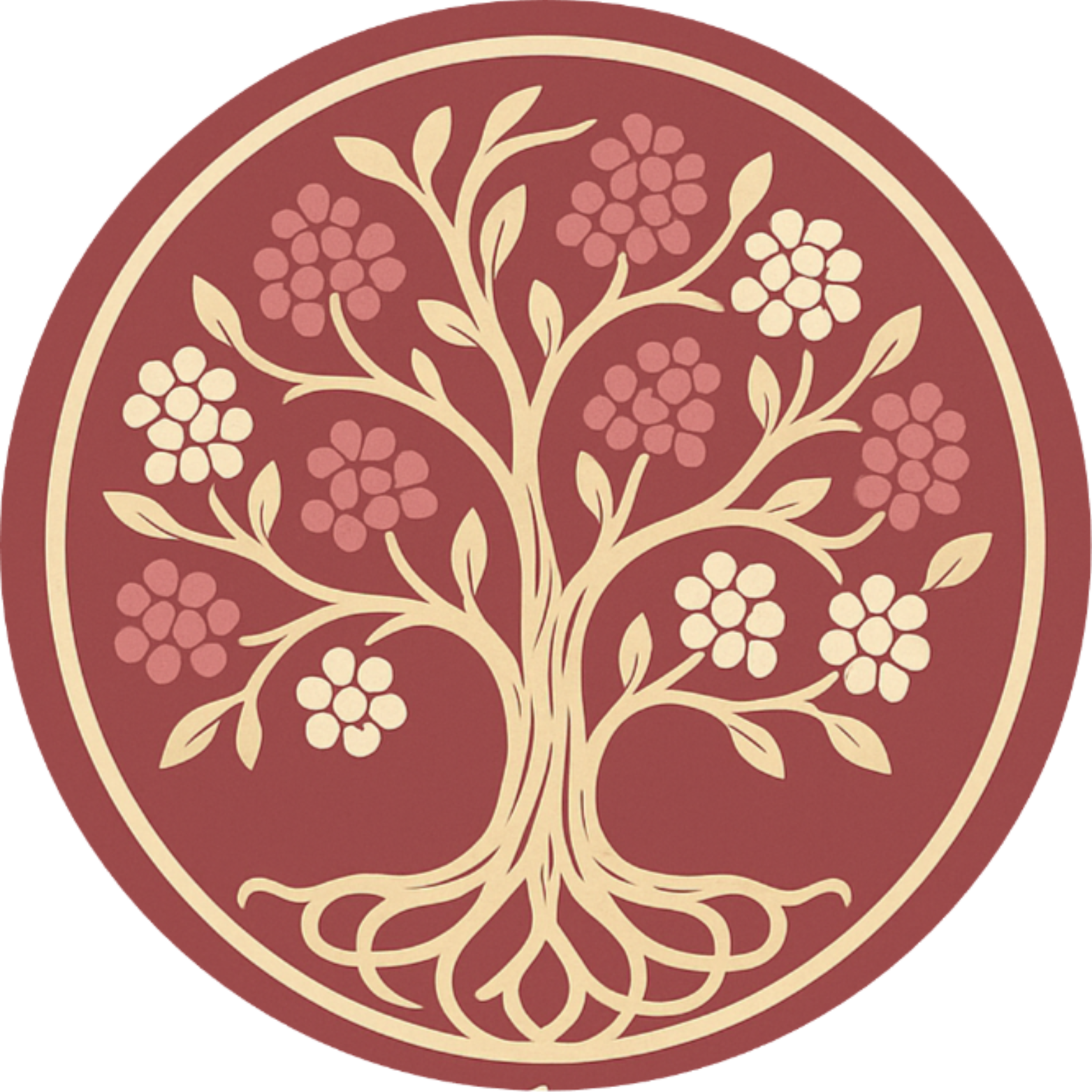 Stylized tree with pink blossoms in a circular red and cream emblem