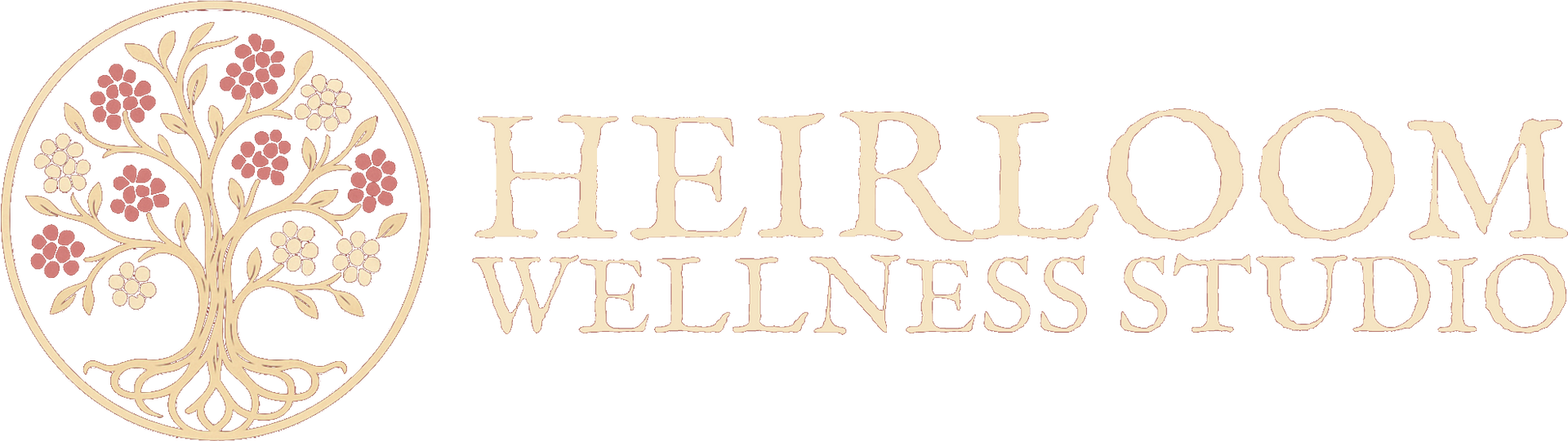 Heirloom Wellness Studio logo with gold text and a floral tree illustration on a white background
