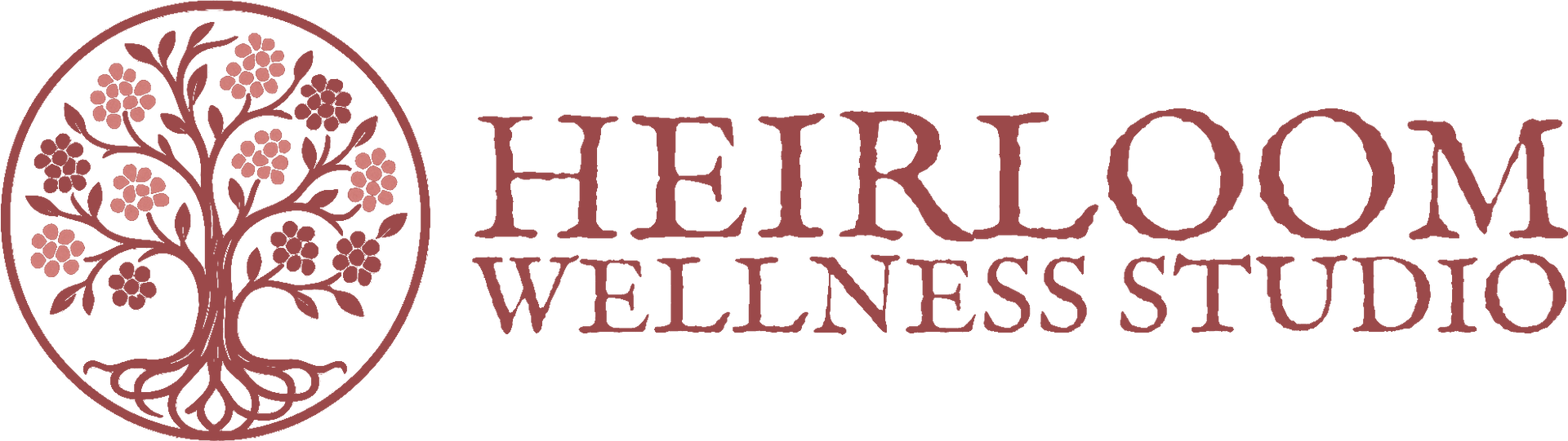 Heirloom Wellness Studio logo with maroon tree emblem and text
