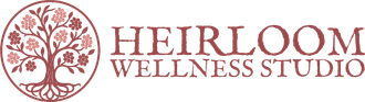 Heirloom Wellness Studio logo with maroon tree emblem and text