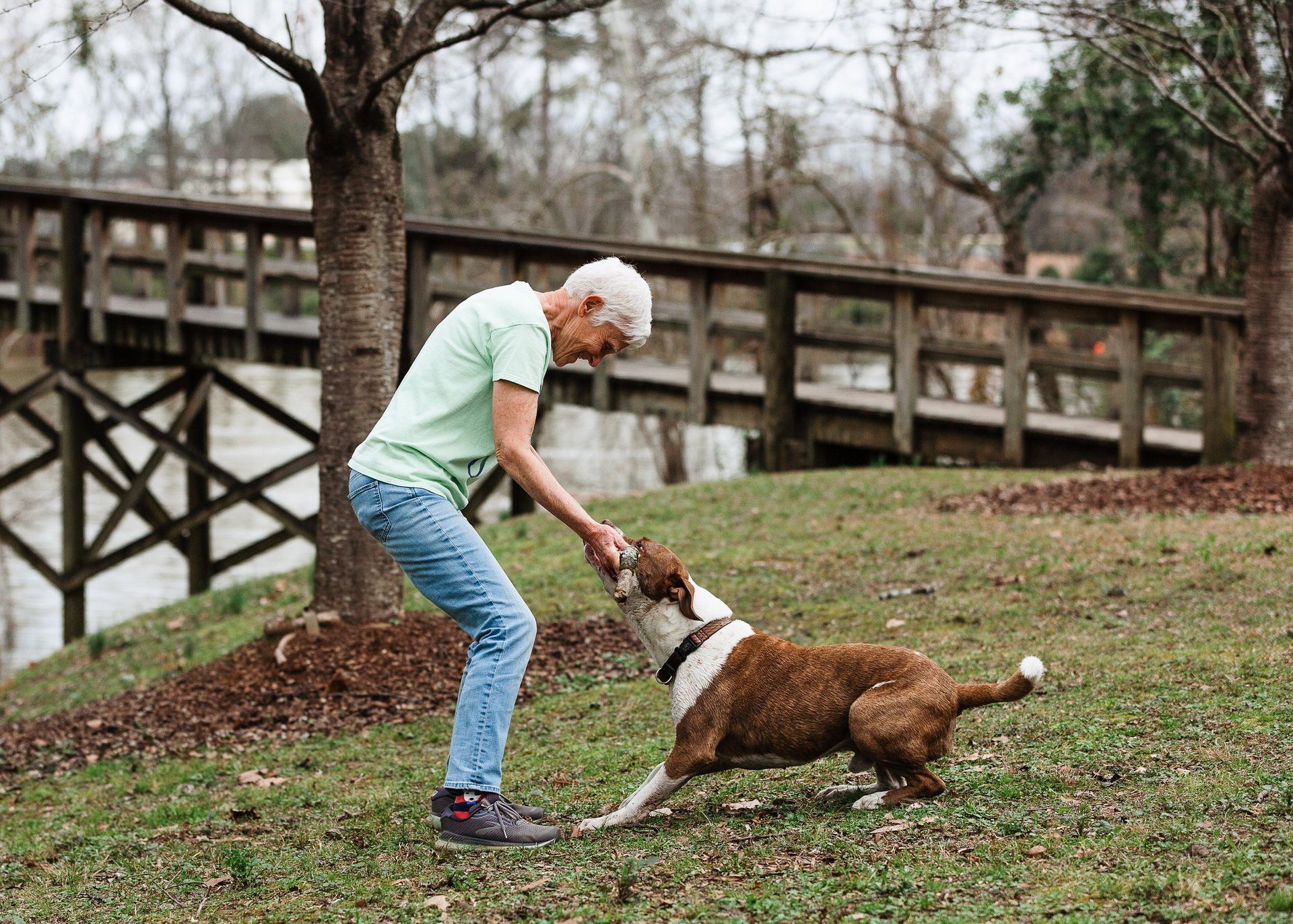 An elderly woman is playing with a dog in a park.
