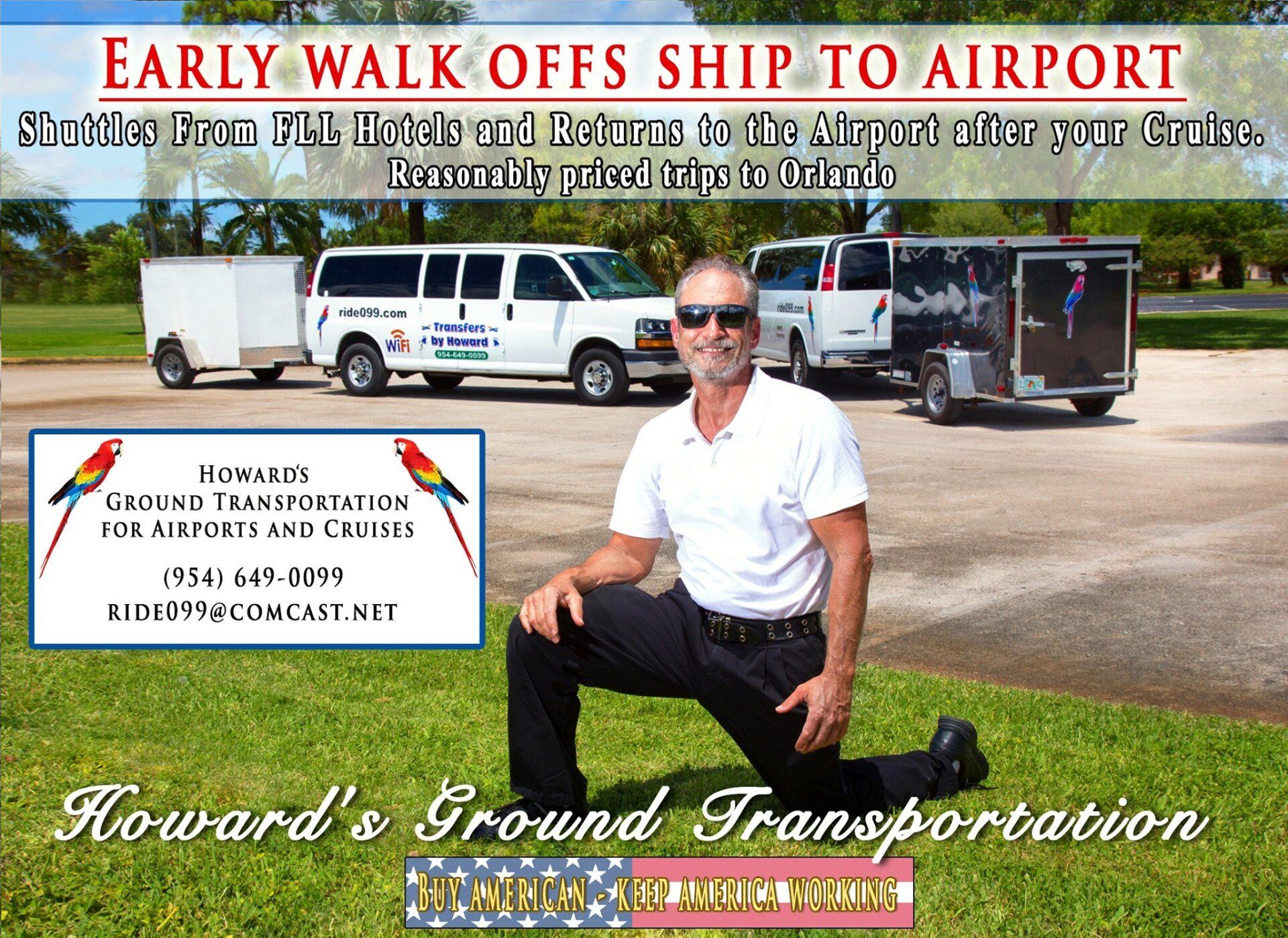 An ad for howard 's ground transportation shows a man kneeling in front of a van