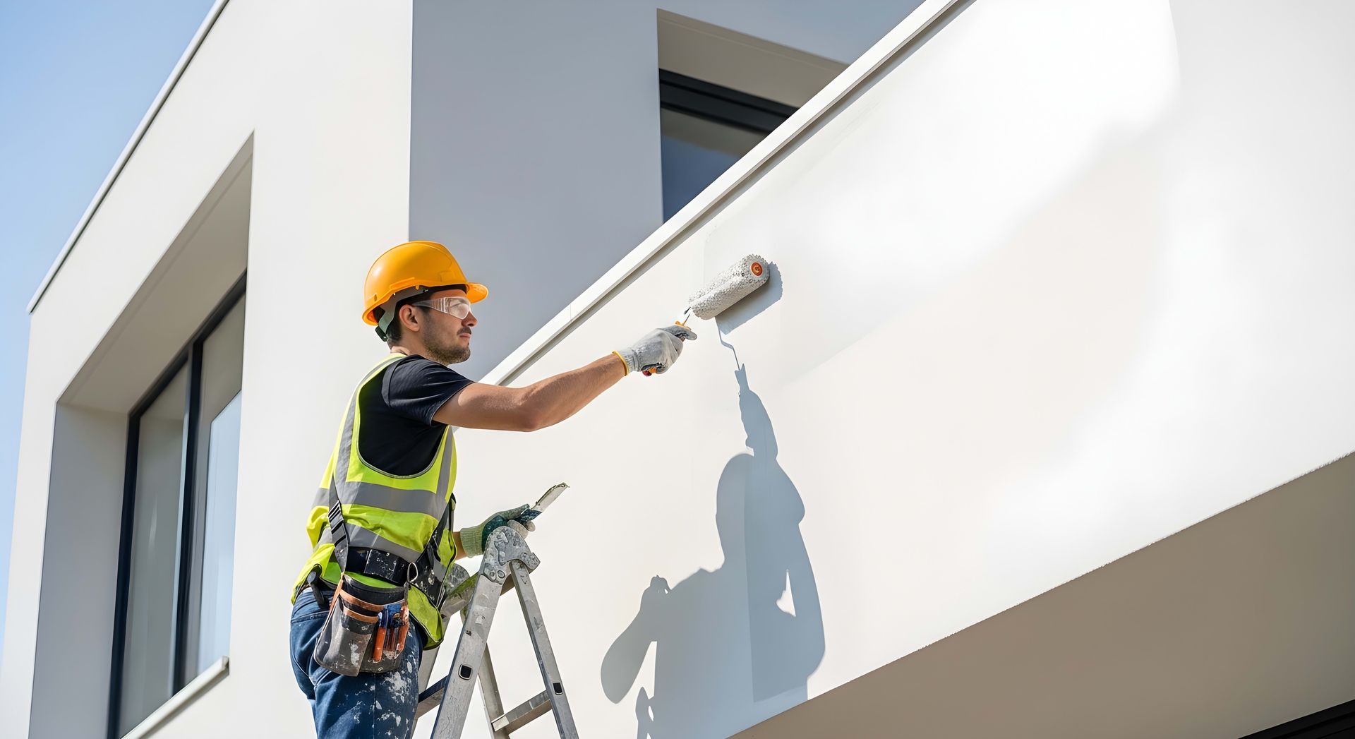 Worker in yellow hard hat painting a white building exterior from a ladder