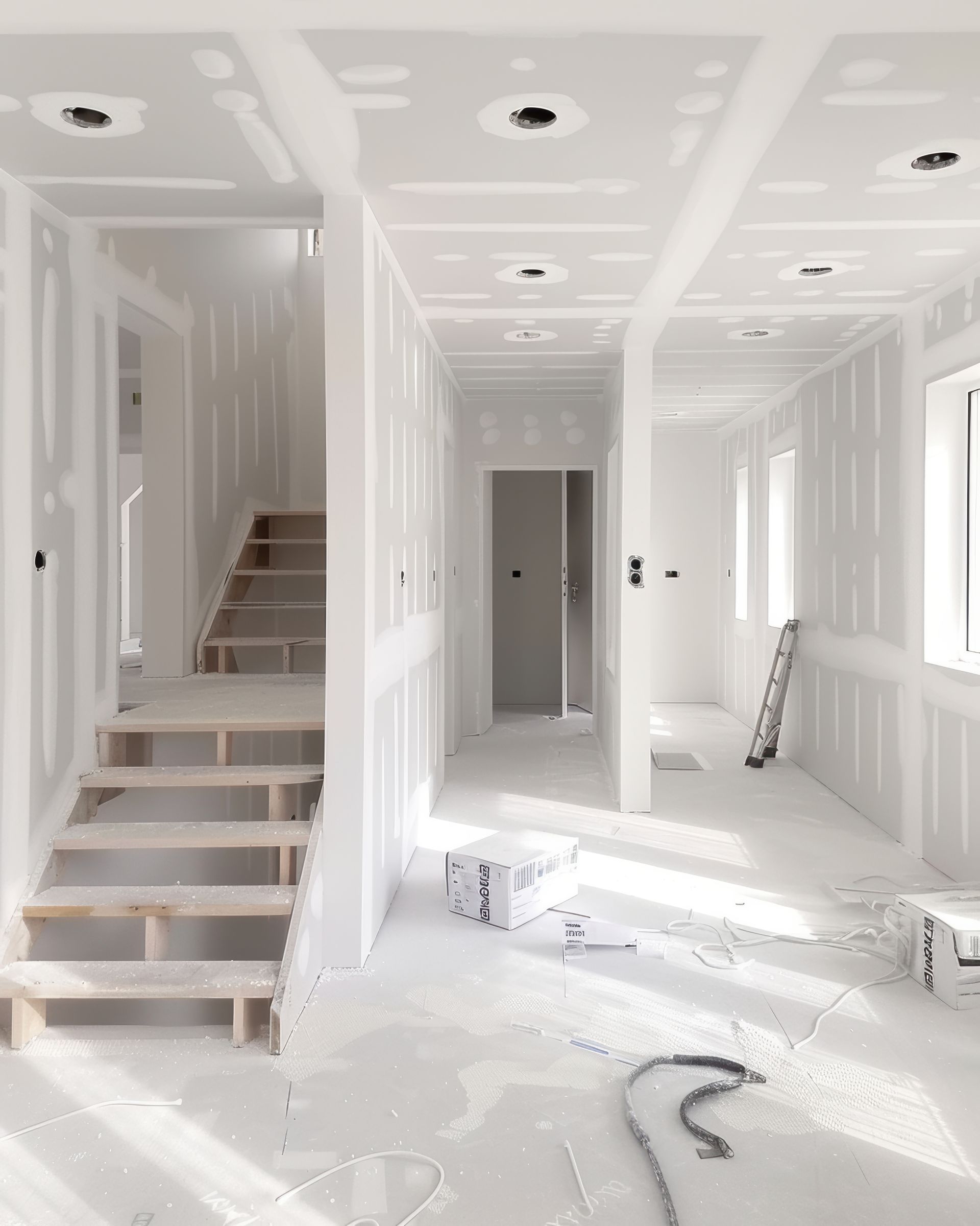 Unfinished white interior with stairs, open doorways, and construction debris on the floor