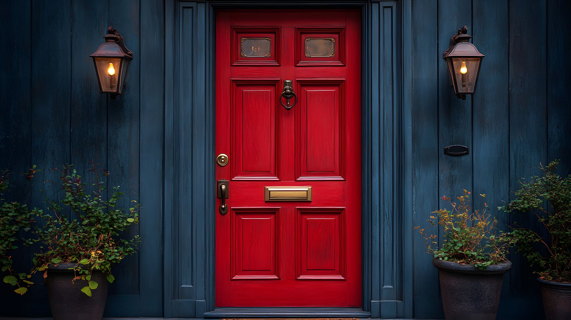 Red front door on a dark blue house, flanked by lanterns and potted plants.