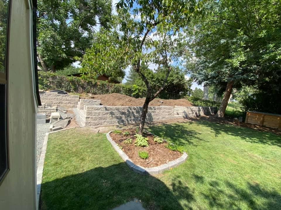A backyard with a lush green lawn and trees.