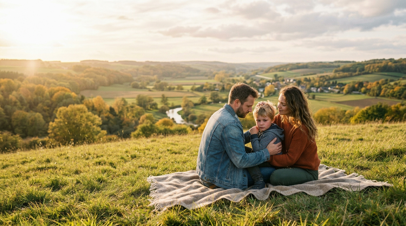 Family sitting on a blanket in a sunlit field, overlooking a scenic countryside valley