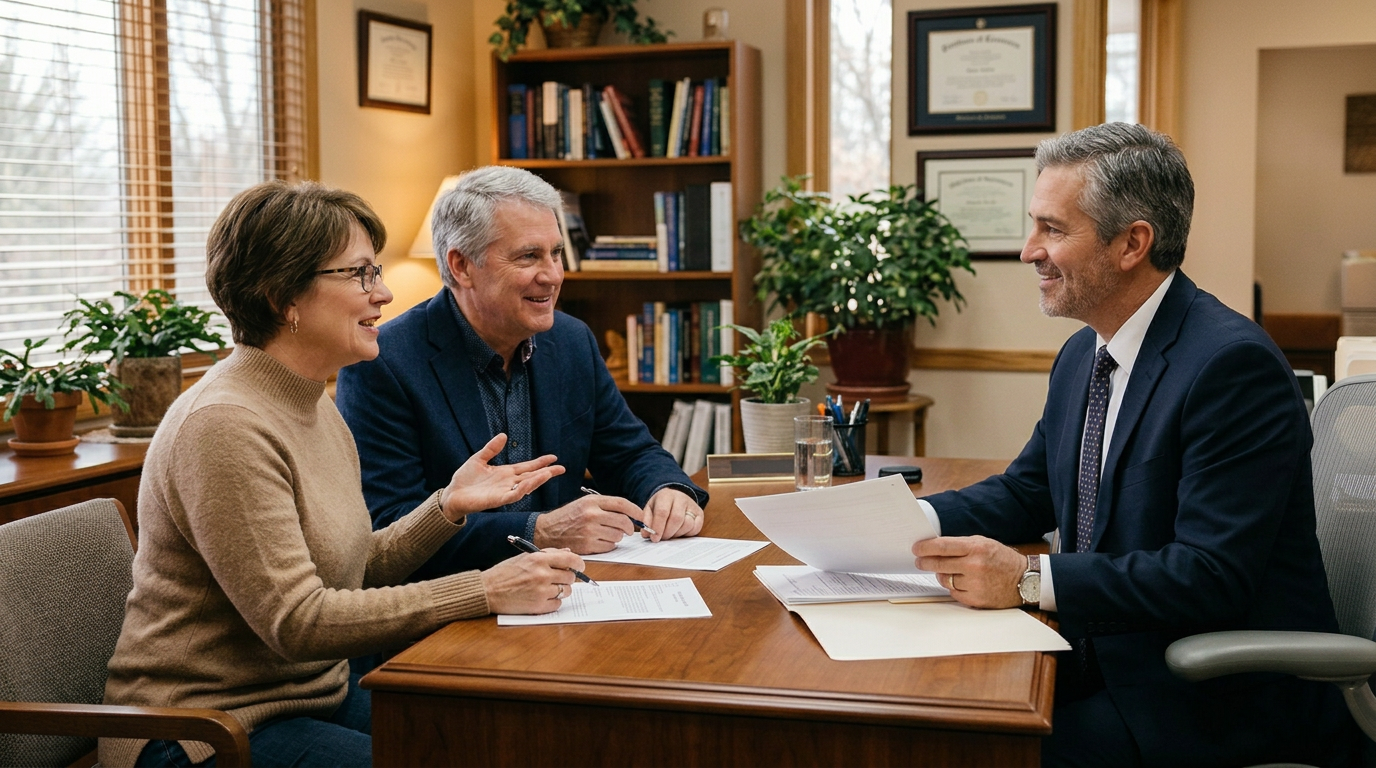 Three people in a meeting around a wooden desk in an office, discussing papers and smiling.