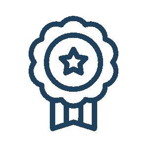 Dark blue award badge with star in the center and two ribbons below.