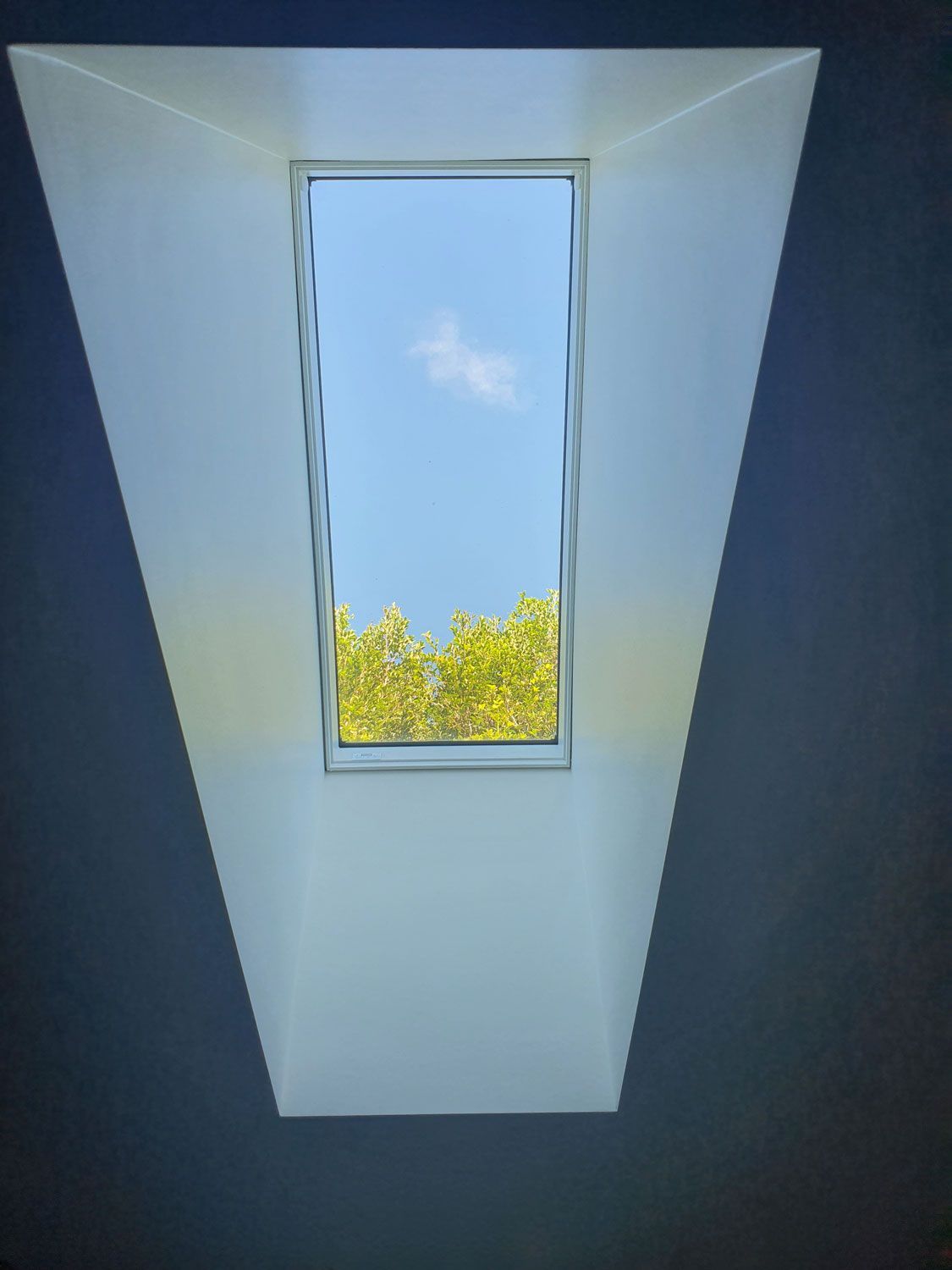 Skylight, angled white walls, blue sky and green trees visible.