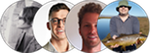 Four circular portraits: A blurry grayscale, smiling man with glasses, smiling man, and a man holding a fish outdoors.