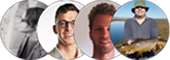 Four circular portraits: A blurry grayscale, smiling man with glasses, smiling man, and a man holding a fish outdoors.