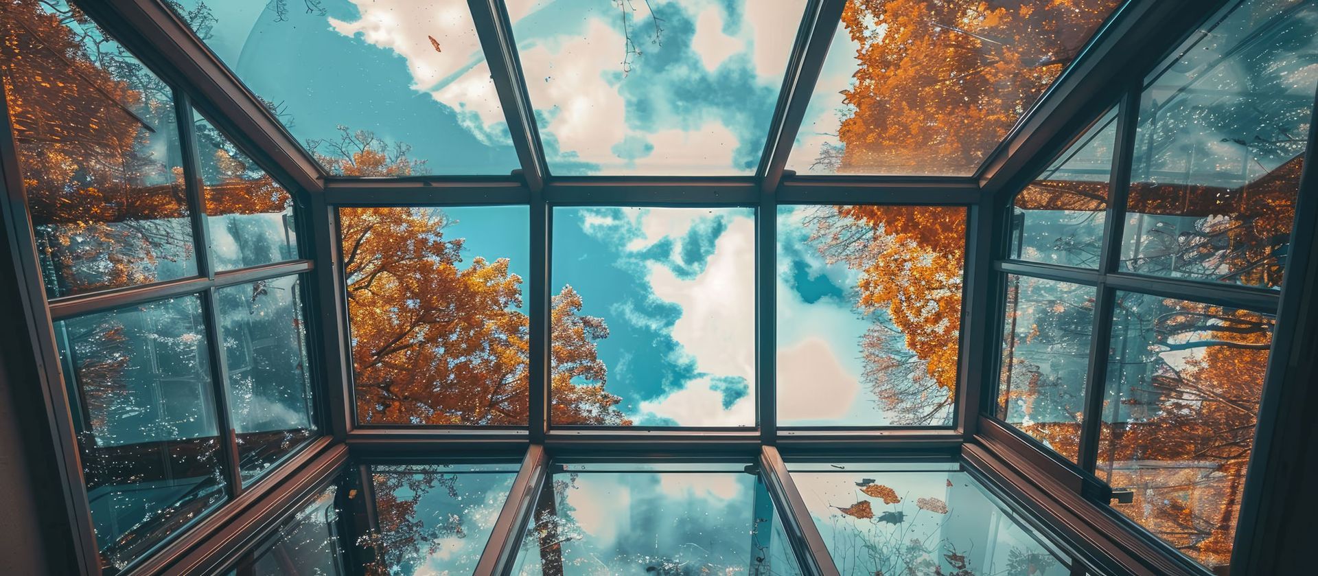 View of a bright blue sky and orange trees through a multi-pane glass roof.