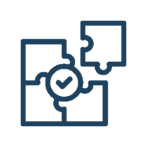 Puzzle pieces with a check mark, representing a completed solution.