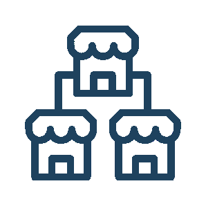 A hierarchy of storefront icons, navy blue.
