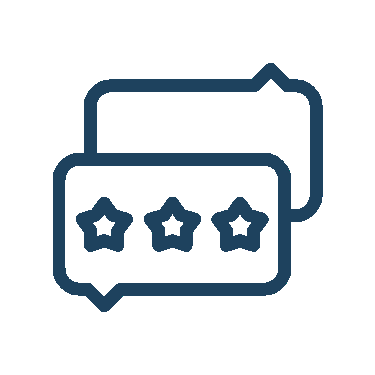 Two blue speech bubbles, one with three stars, indicating reviews.