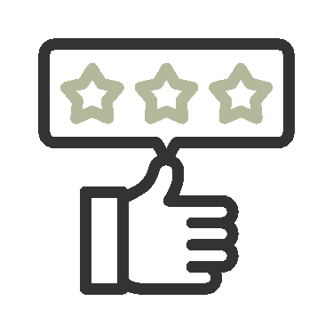 Two blue speech bubbles, one with three stars, indicating reviews.