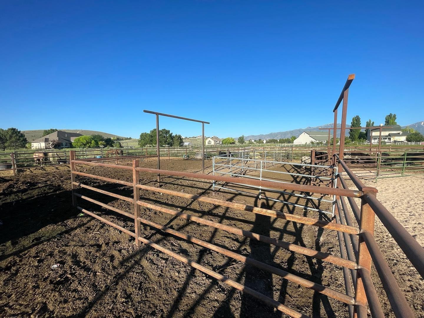 A metal corral gate stands in a dirt pen under a bright blue sky, with a mountainous landscape in the distance.