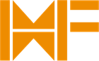 An orange logo featuring a stylized letter 