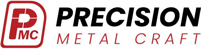 Logo for Precision Metal Craft. Red and white emblem with black 