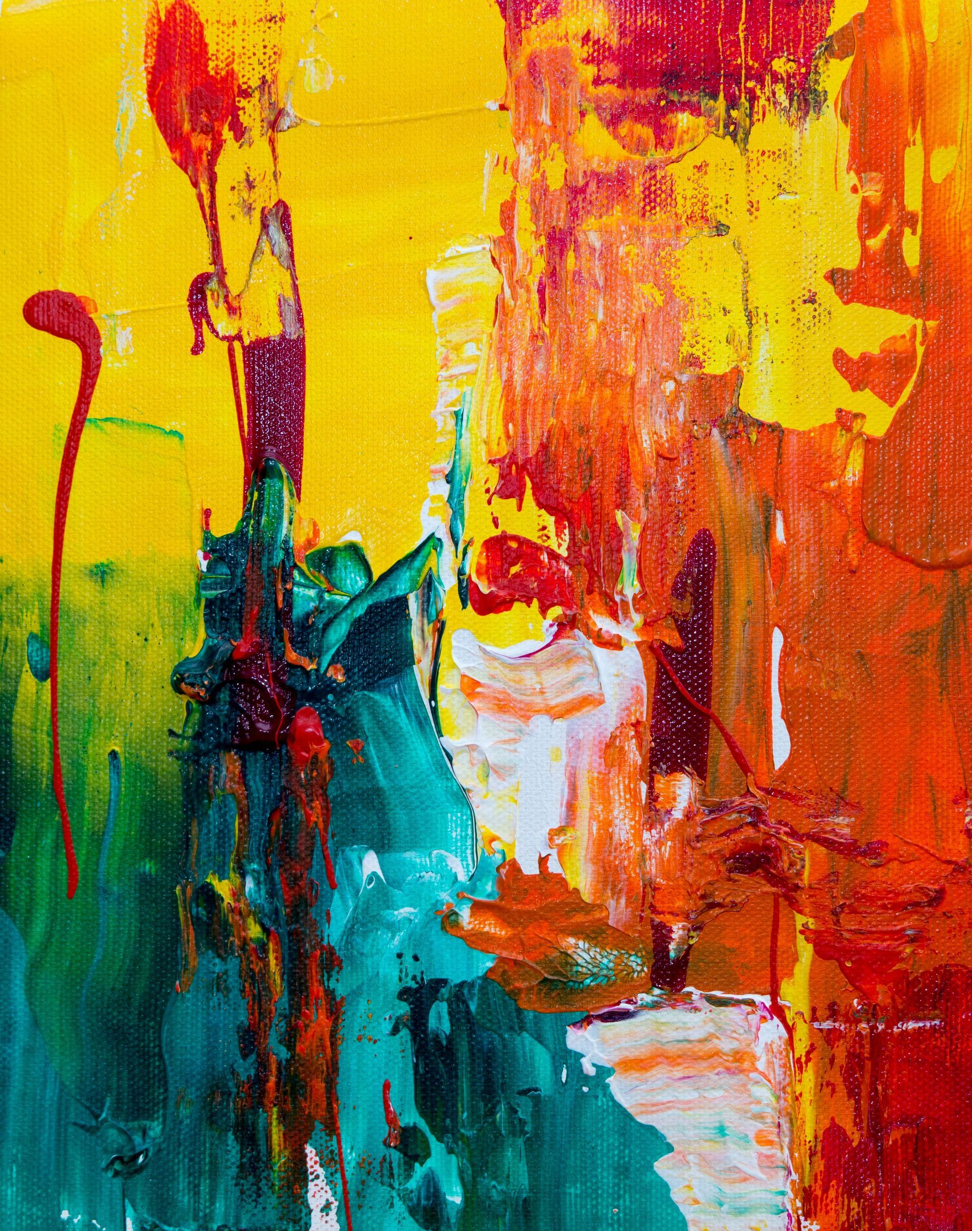 Abstract painting featuring energetic, layered strokes of bright yellow, vibrant orange, deep red, and rich teal.