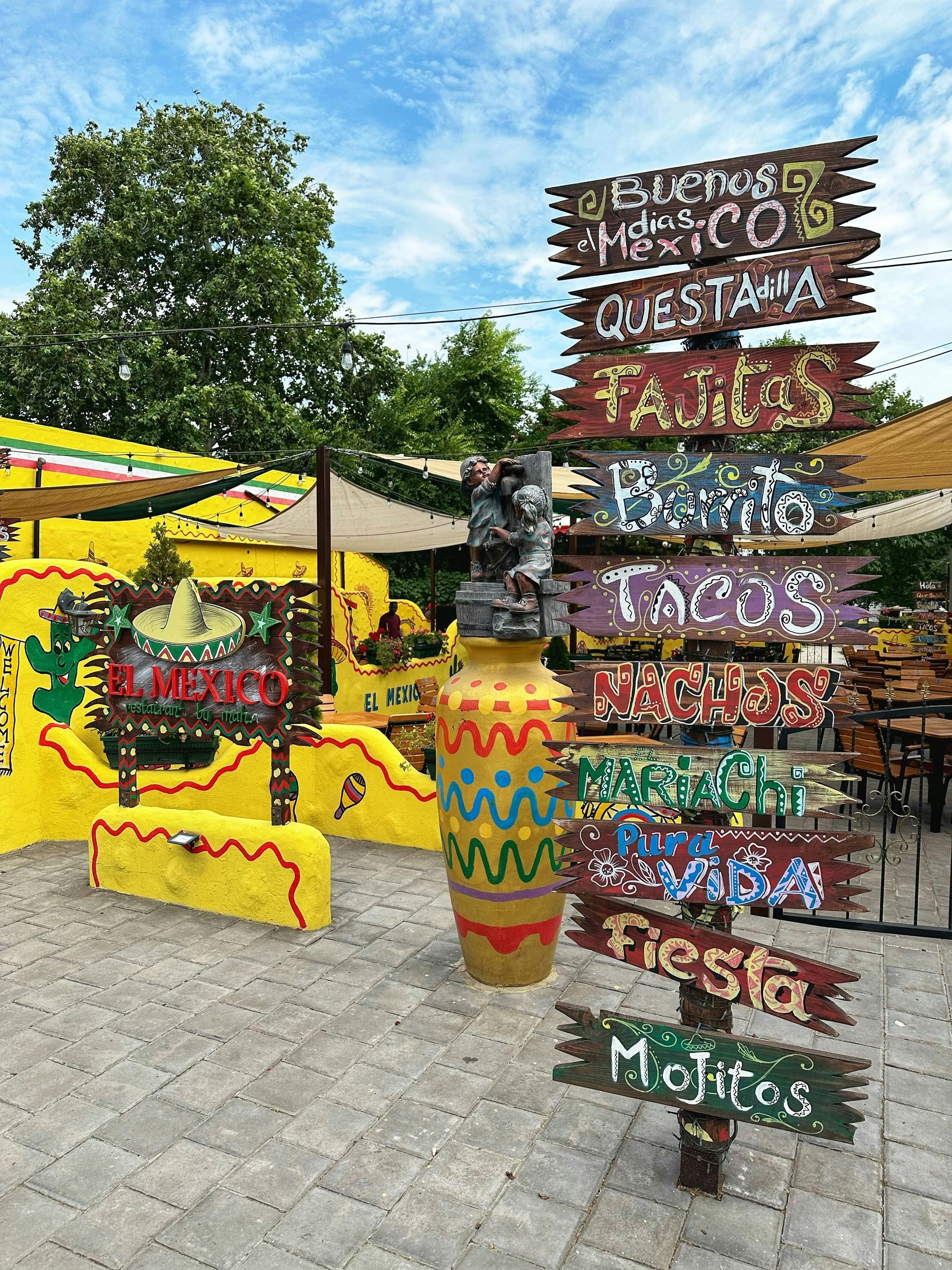 A wooden signpost with directional boards listing Mexican foods and drinks sits in front of a yellow outdoor patio.
