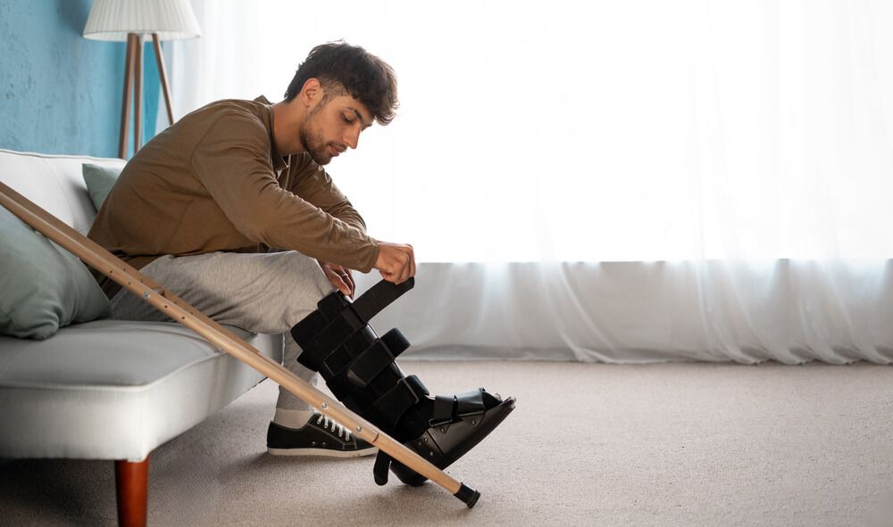 A man with a broken leg is sitting on a couch with crutches.