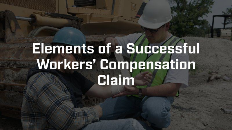A construction worker tending to an injured colleague's arm in front of machinery, captioned 